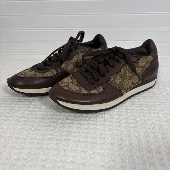 Coach Shoes - COACH Farah Women's Retro Sneakers Brown & Khaki 6B Signature C Leather Jacquard